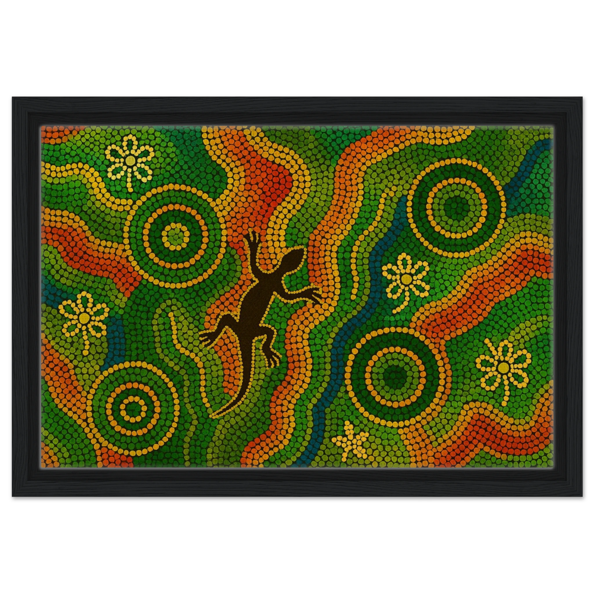 Lizard Dreaming – Aboriginal Dot Painting Wall Art Print - Framed Canvas - 30x45 cm / 12x18″ - Black frame