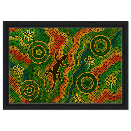 Lizard Dreaming – Aboriginal Dot Painting Wall Art Print - Framed Canvas - 30x45 cm / 12x18″ - Black frame