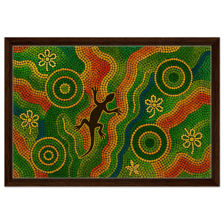 Lizard Dreaming – Aboriginal Dot Painting Wall Art Print - Framed Canvas - 40x60 cm / 16x24″ - Dark wood frame