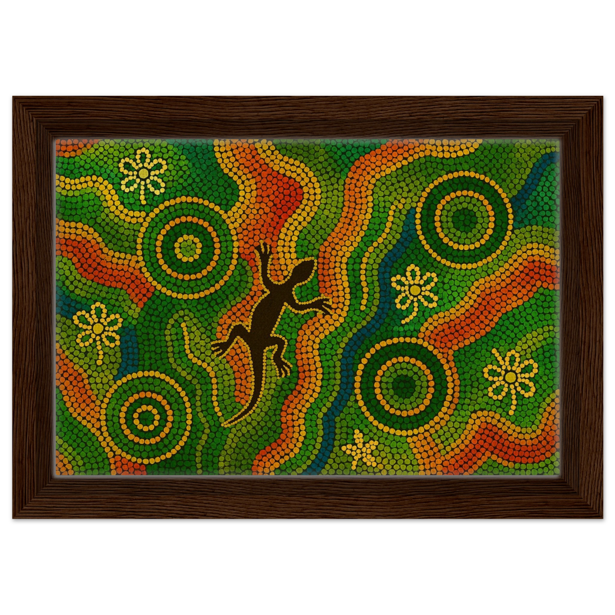 Lizard Dreaming – Aboriginal Dot Painting Wall Art Print - Framed Canvas - 20x30 cm / 8x12″ - Dark wood frame