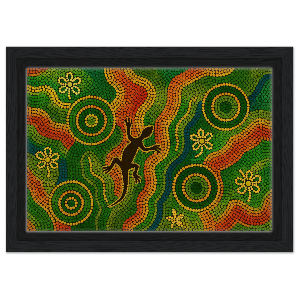 Lizard Dreaming – Aboriginal Dot Painting Wall Art Print - Framed Canvas - 20x30 cm / 8x12″ - Black frame