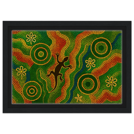 Lizard Dreaming – Aboriginal Dot Painting Wall Art Print - Framed Canvas - 20x30 cm / 8x12″ - Black frame