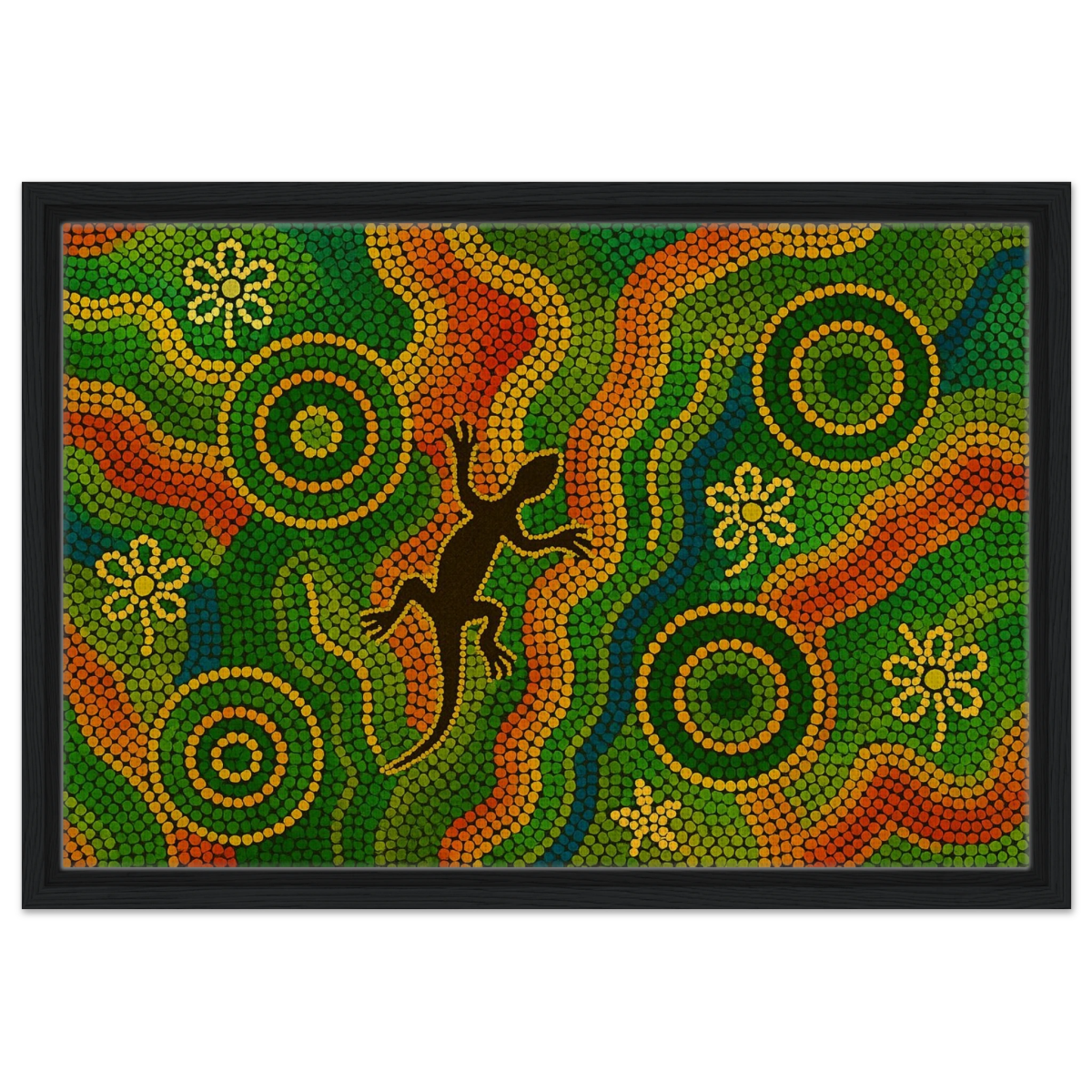 Lizard Dreaming – Aboriginal Dot Painting Wall Art Print - Framed Canvas - 40x60 cm / 16x24″ - Black frame