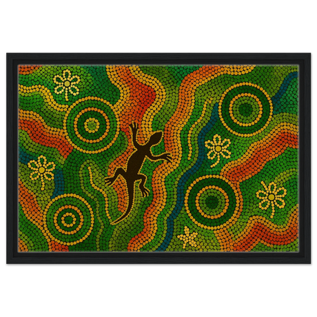 Lizard Dreaming – Aboriginal Dot Painting Wall Art Print - Framed Canvas - 40x60 cm / 16x24″ - Black frame