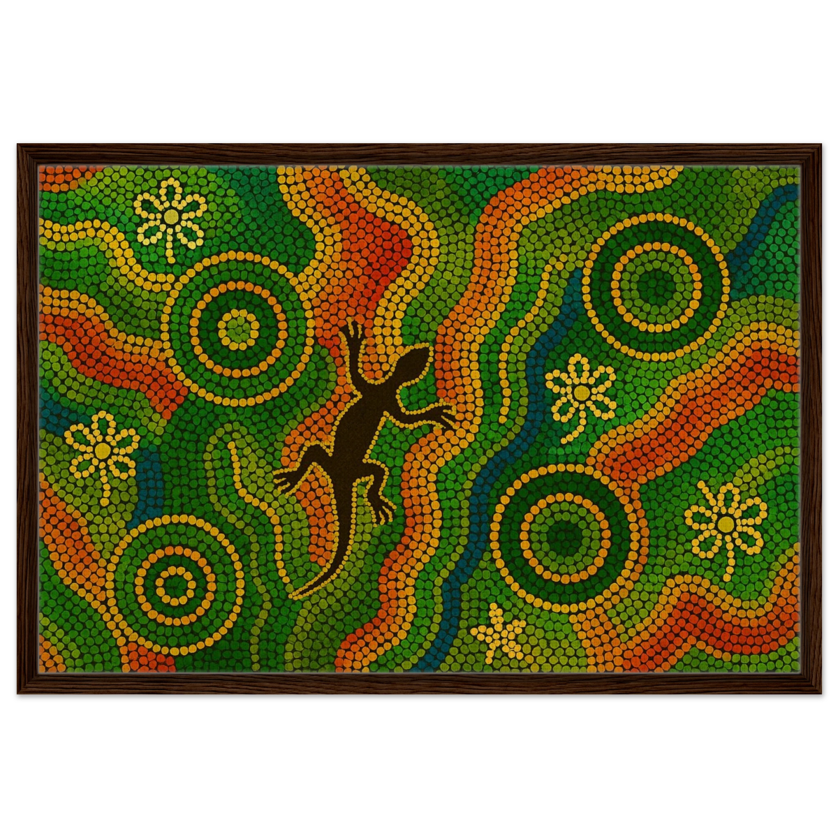 Lizard Dreaming – Aboriginal Dot Painting Wall Art Print - Framed Canvas - 60x90 cm / 24x36″ - Dark wood frame