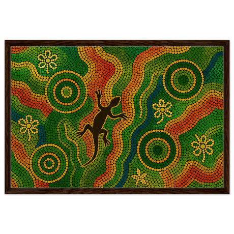 Lizard Dreaming – Aboriginal Dot Painting Wall Art Print - Framed Canvas - 60x90 cm / 24x36″ - Dark wood frame