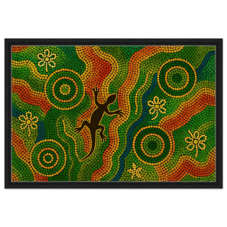 Lizard Dreaming – Aboriginal Dot Painting Wall Art Print - Framed Canvas - 50x75 cm / 20x30″ - Black frame
