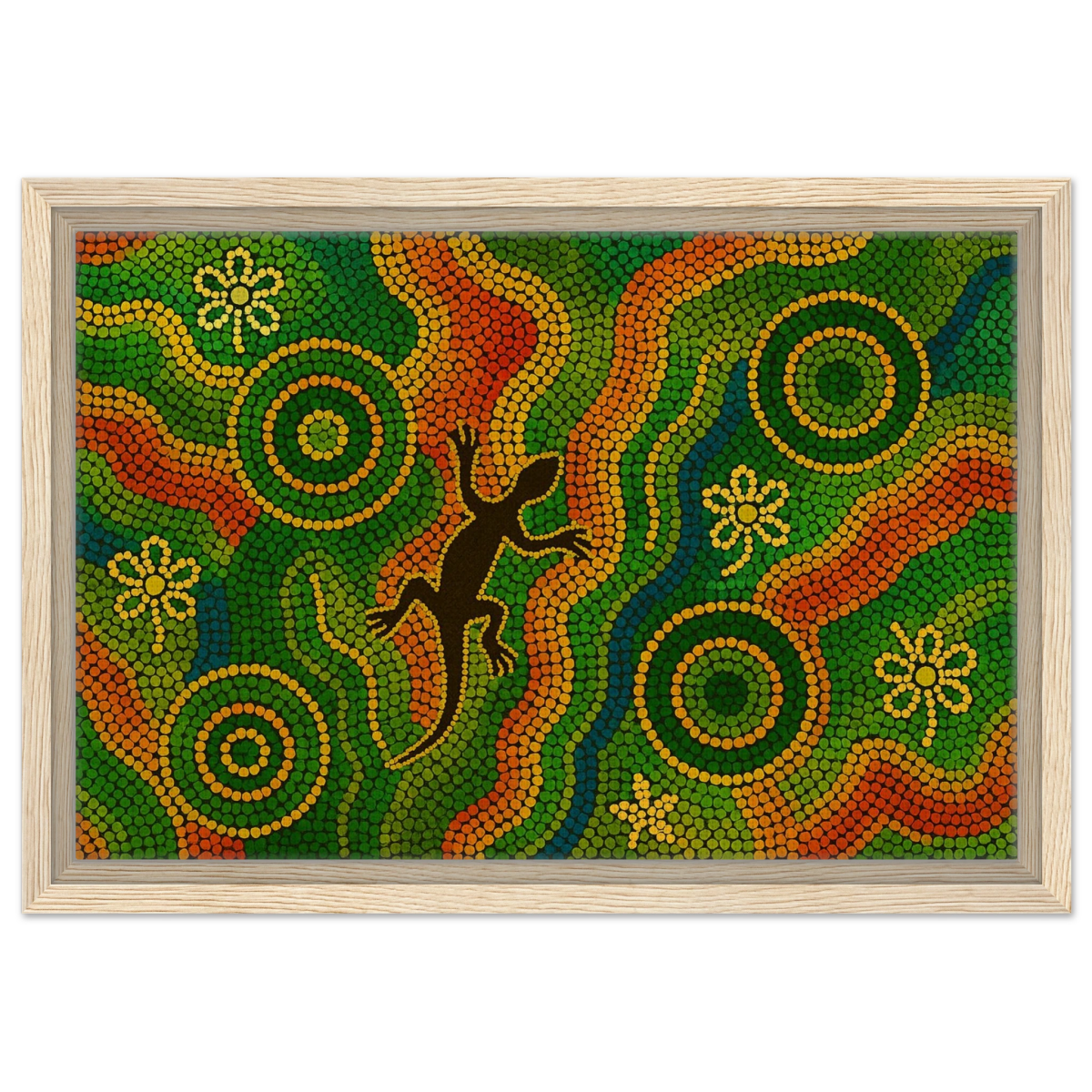 Lizard Dreaming – Aboriginal Dot Painting Wall Art Print - Framed Canvas - 30x45 cm / 12x18″ - Wood frame
