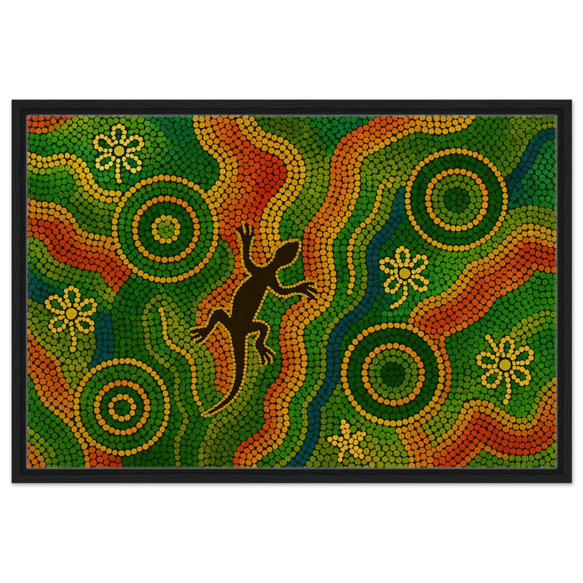 Lizard Dreaming – Aboriginal Dot Painting Wall Art Print - Framed Canvas - 60x90 cm / 24x36″ - Black frame