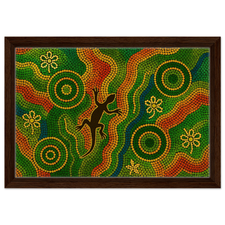 Lizard Dreaming – Aboriginal Dot Painting Wall Art Print - Framed Canvas - 30x45 cm / 12x18″ - Dark wood frame