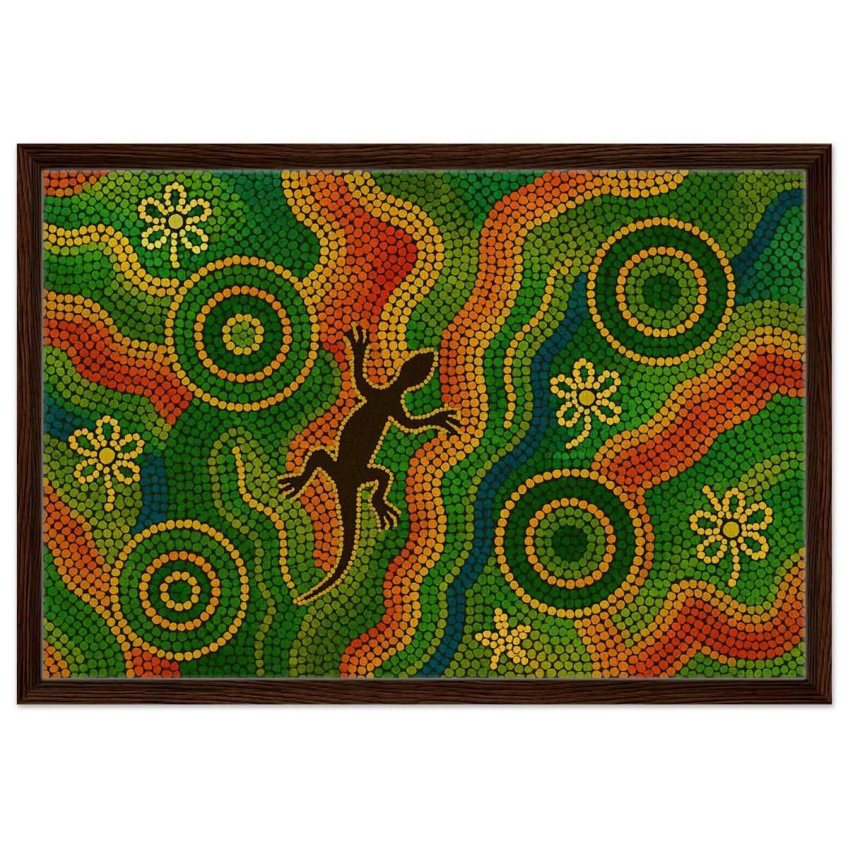 Lizard Dreaming – Aboriginal Dot Painting Wall Art Print - Framed Canvas - 50x75 cm / 20x30″ - Dark wood frame