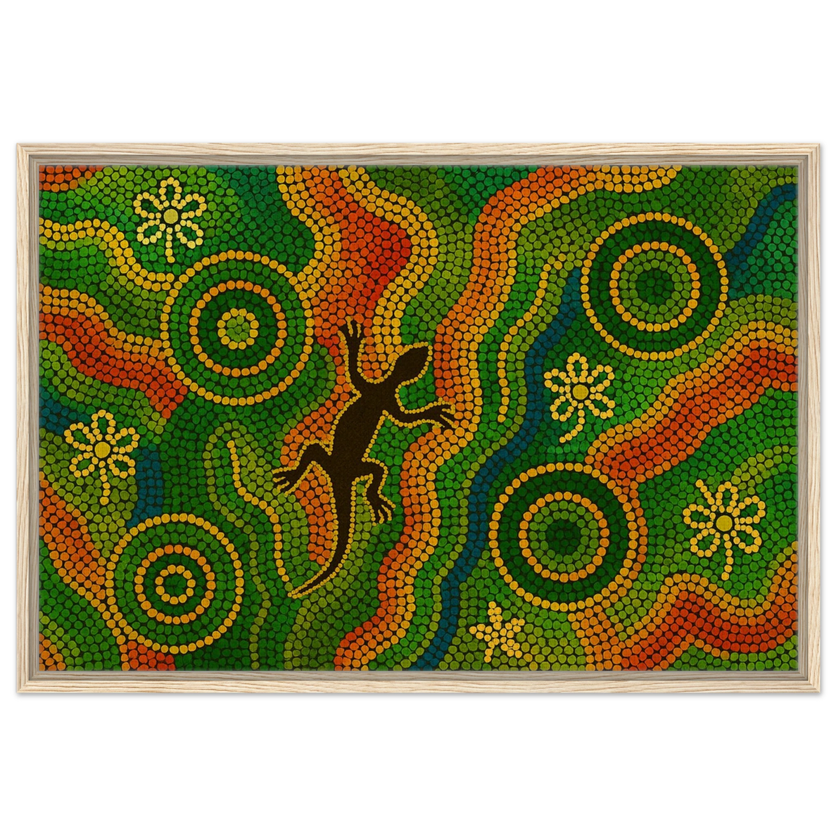 Lizard Dreaming – Aboriginal Dot Painting Wall Art Print - Framed Canvas - 60x90 cm / 24x36″ - Wood frame
