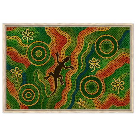 Lizard Dreaming – Aboriginal Dot Painting Wall Art Print - Framed Canvas - 60x90 cm / 24x36″ - Wood frame
