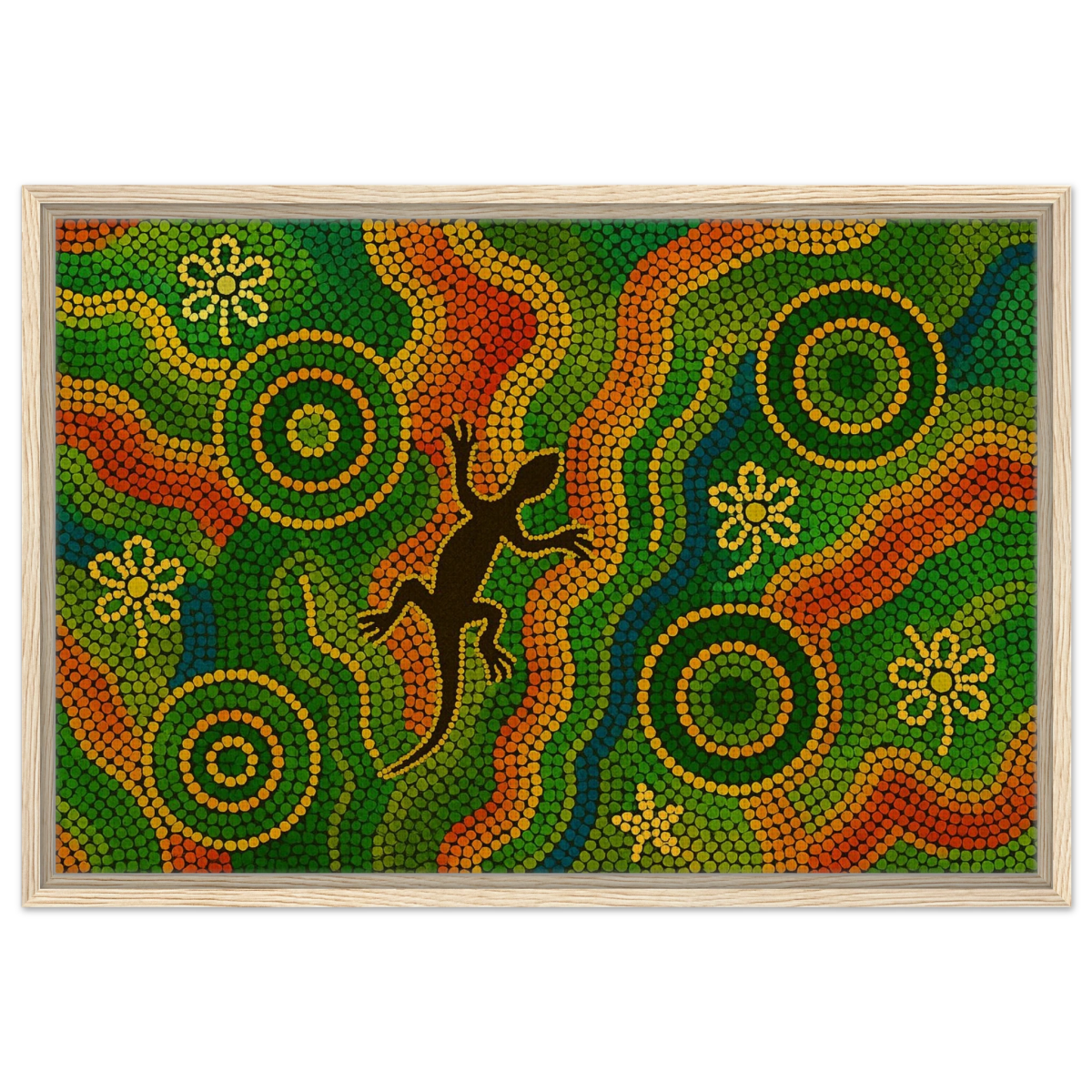 Lizard Dreaming – Aboriginal Dot Painting Wall Art Print - Framed Canvas - 50x75 cm / 20x30″ - Wood frame