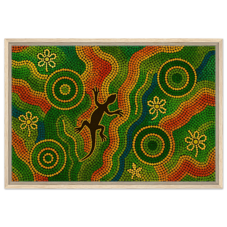 Lizard Dreaming – Aboriginal Dot Painting Wall Art Print - Framed Canvas - 50x75 cm / 20x30″ - Wood frame