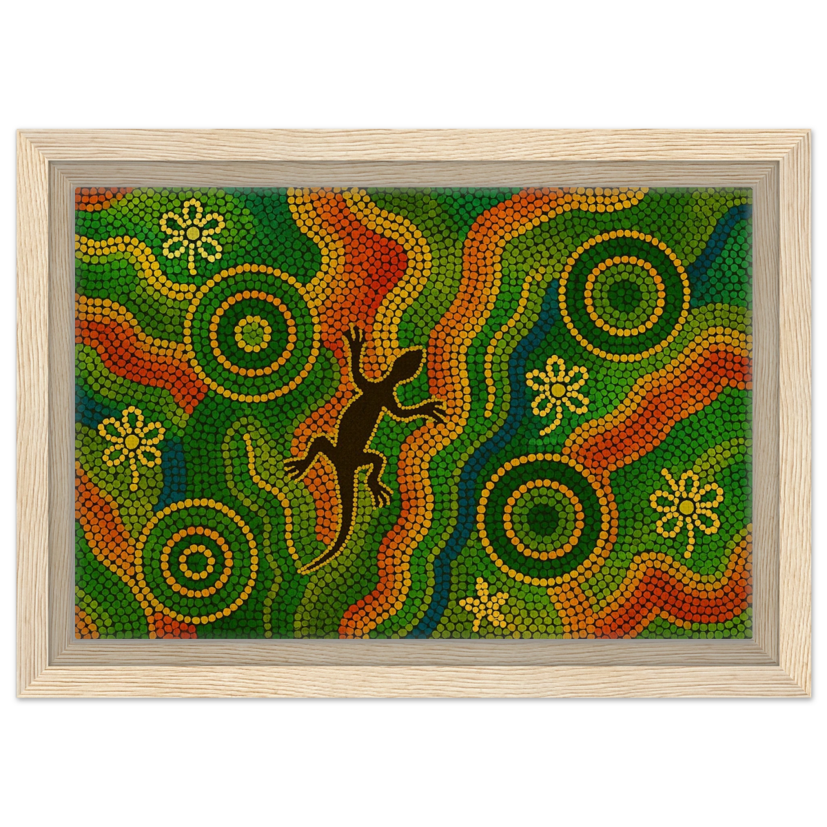 Lizard Dreaming – Aboriginal Dot Painting Wall Art Print - Framed Canvas - 20x30 cm / 8x12″ - Wood frame