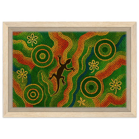 Lizard Dreaming – Aboriginal Dot Painting Wall Art Print - Framed Canvas - 20x30 cm / 8x12″ - Wood frame