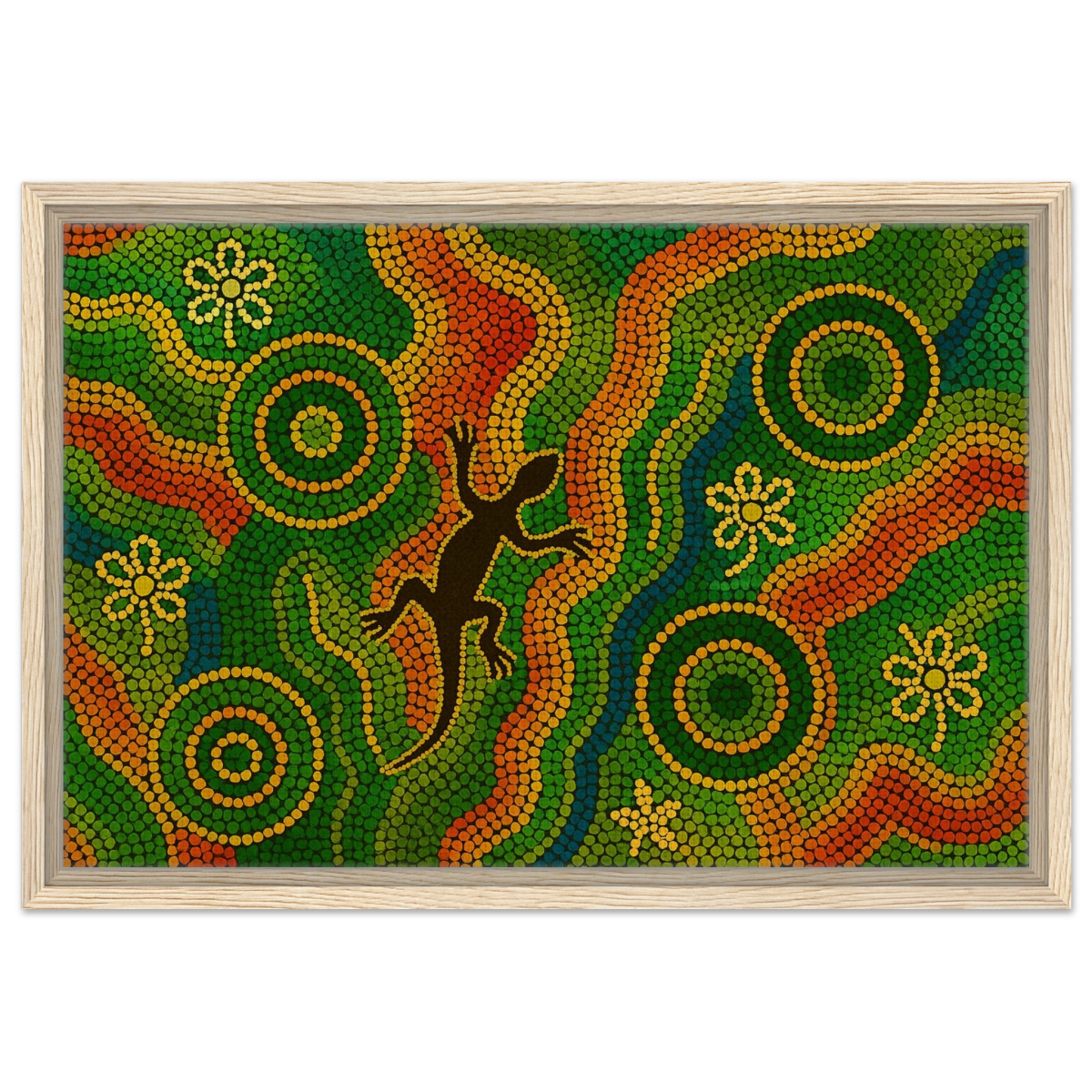 Lizard Dreaming – Aboriginal Dot Painting Wall Art Print - Framed Canvas - 40x60 cm / 16x24″ - Wood frame