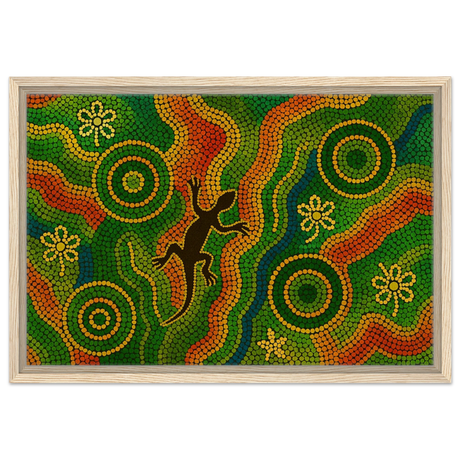 Lizard Dreaming – Aboriginal Dot Painting Wall Art Print - Framed Canvas - 40x60 cm / 16x24″ - Wood frame