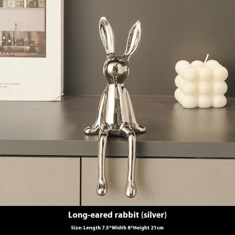 Long Eared Rabbit Ornament – Modern Ceramic Animal Figurine Home Décor - Long Eared Rabbit Silver - 