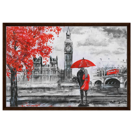 "Love in London Rain" – Romantic City Escape | Wall Art Print - Framed Canvas - 60x90 cm / 24x36″ - Dark wood frame