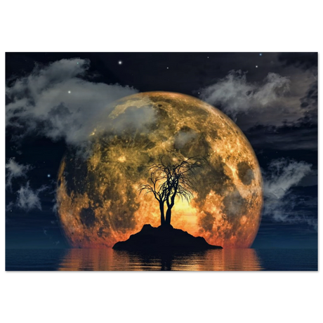 "Lunar Eclipse Isle" – A Celestial Nightscape Awakened by the Moon Fine Art Digital Illustration | Surreal Moonlit Scene - Wood Prints - 70x100 cm / 28x40″ - 