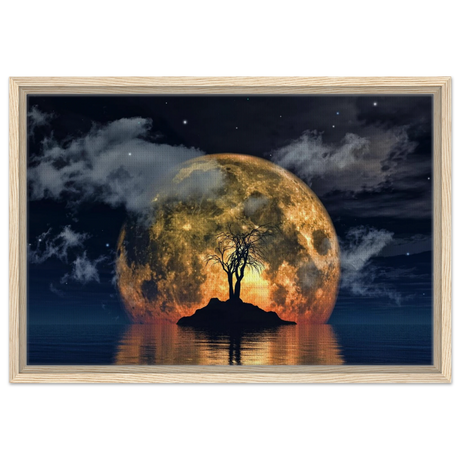 "Lunar Eclipse Isle" – A Celestial Nightscape Awakened by the Moon Fine Art Digital Illustration | Surreal Moonlit Scene - Framed Canvas - 40x60 cm / 16x24″ - Wood frame