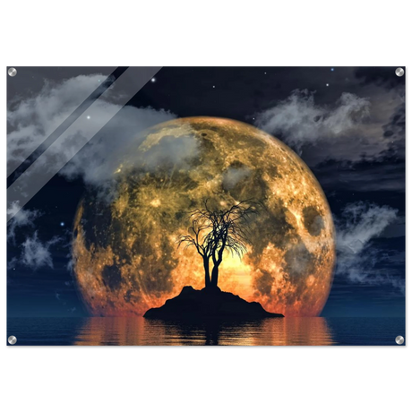 "Lunar Eclipse Isle" – A Celestial Nightscape Awakened by the Moon Fine Art Digital Illustration | Surreal Moonlit Scene - Acrylic Print - 70x100 cm / 28x40″ - 