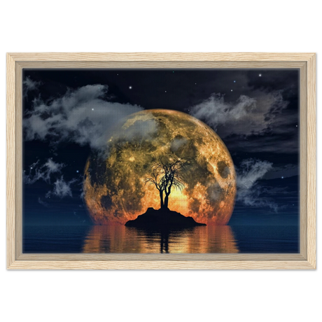 "Lunar Eclipse Isle" – A Celestial Nightscape Awakened by the Moon Fine Art Digital Illustration | Surreal Moonlit Scene - Framed Canvas - 30x45 cm / 12x18″ - Wood frame