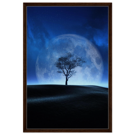 "Lunar Silence" – A Moonlit Whisper in the Night Dreamy Digital Fantasy Landscape Wall art Print - Framed Canvas - 60x90 cm / 24x36″ - Dark wood frame