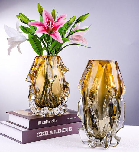 Luxury Crystal Glass Vase – Handmade Polished Art Flower Arrangement Ornament - Tall - 