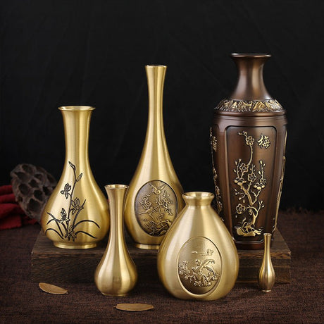 Luxury Pure Brass Decorative Carved Flower Vases – Handcrafted Ornamental Art - Brass Lotus Carved Vase – Small - 