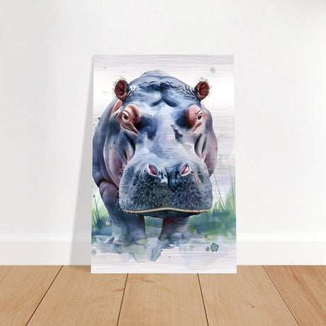 Majestic Hippo Watercolor | Contemporary Watercolor Illustration Wall art Print - 30x45 cm / 12x18″ - Brushed Aluminum Print - 