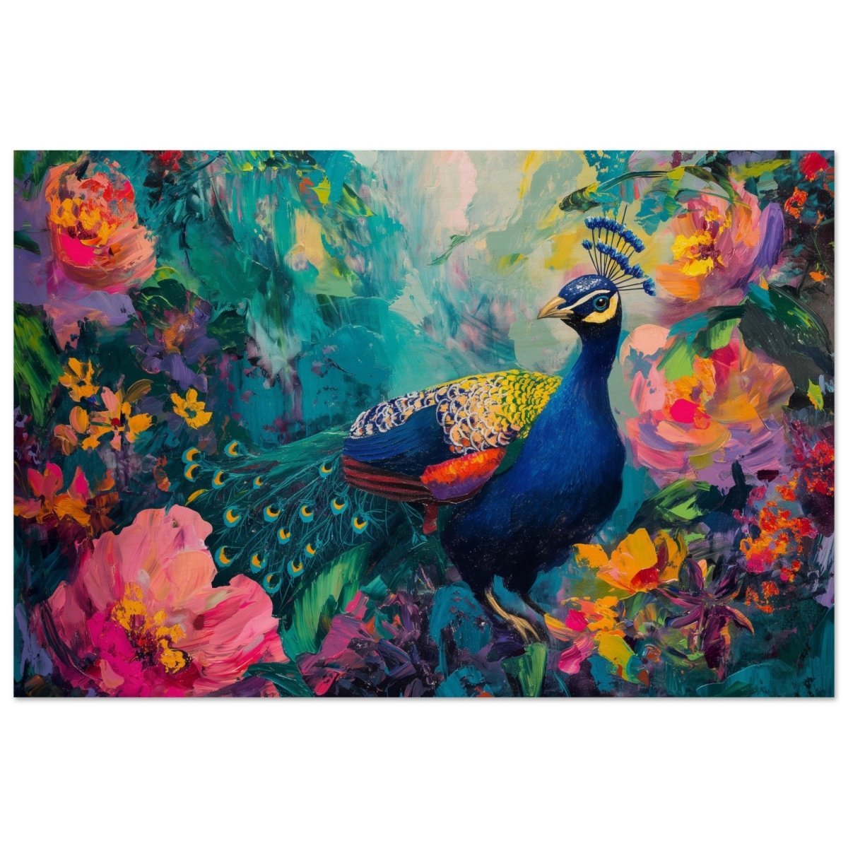 Majestic Peacock in Bloom: A Celebration of Nature's Grandeur | Contemporary Impressionist Wildlife Painting - Canvas - 50x75 cm / 20x30″ - 