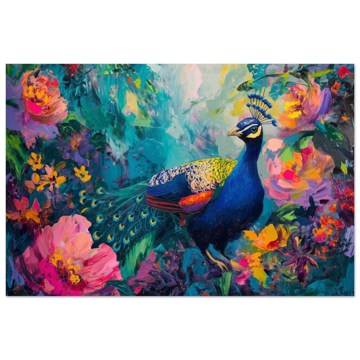 Majestic Peacock in Bloom: A Celebration of Nature's Grandeur | Contemporary Impressionist Wildlife Painting - Aluminum Print - 40x60 cm / 16x24″ - 