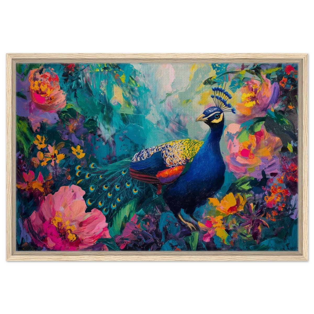 Majestic Peacock in Bloom: A Celebration of Nature's Grandeur | Contemporary Impressionist Wildlife Painting - Canvas - 50x75 cm / 20x30″ - 