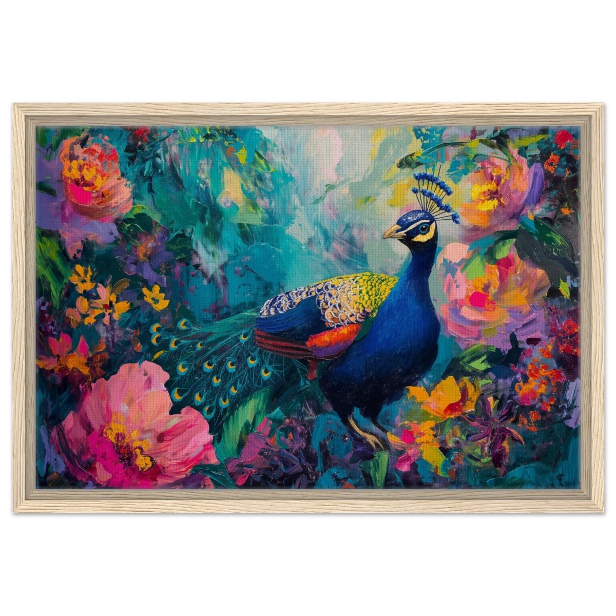 Majestic Peacock in Bloom: A Celebration of Nature's Grandeur | Contemporary Impressionist Wildlife Painting - Canvas - 50x75 cm / 20x30″ - 