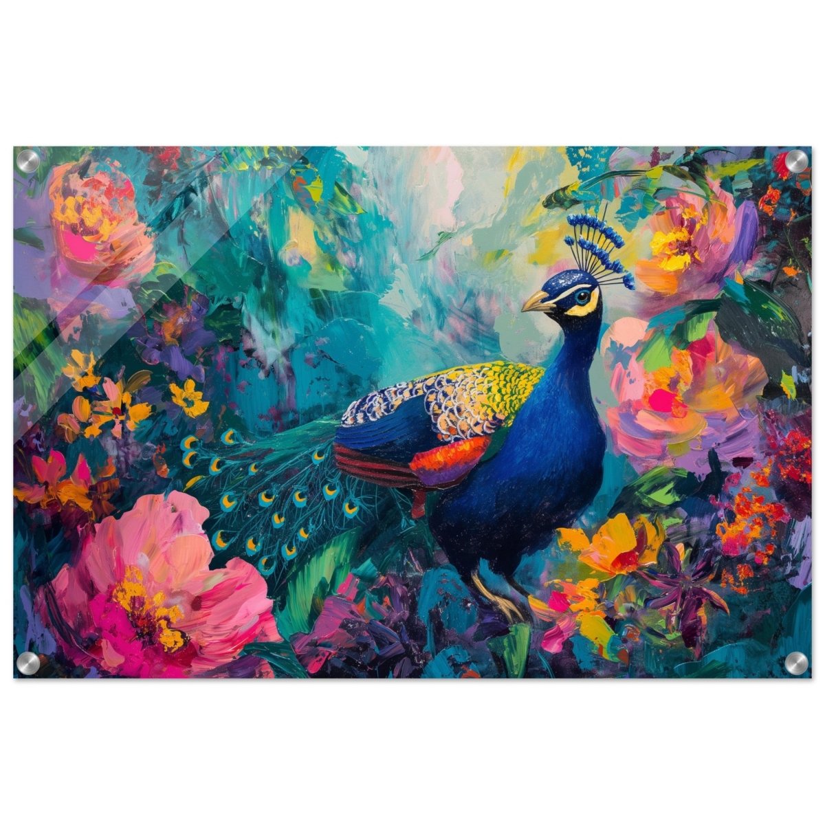 Majestic Peacock in Bloom: A Celebration of Nature's Grandeur | Contemporary Impressionist Wildlife Painting - Canvas - 50x75 cm / 20x30″ - 