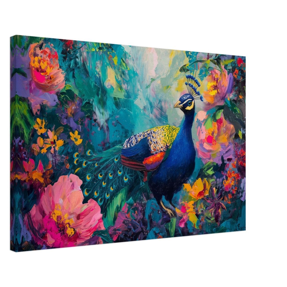 Majestic Peacock in Bloom: A Celebration of Nature's Grandeur | Contemporary Impressionist Wildlife Painting - Canvas - 50x75 cm / 20x30″ - 