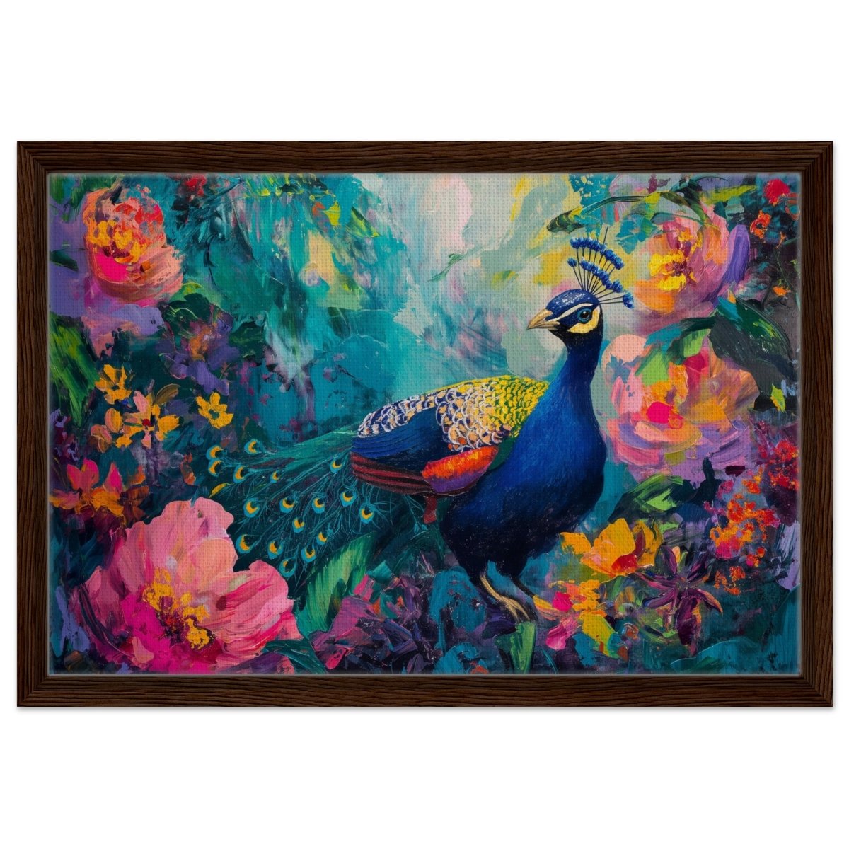Majestic Peacock in Bloom: A Celebration of Nature's Grandeur | Contemporary Impressionist Wildlife Painting - Framed Canvas - 40x60 cm / 16x24″ - Dark wood frame