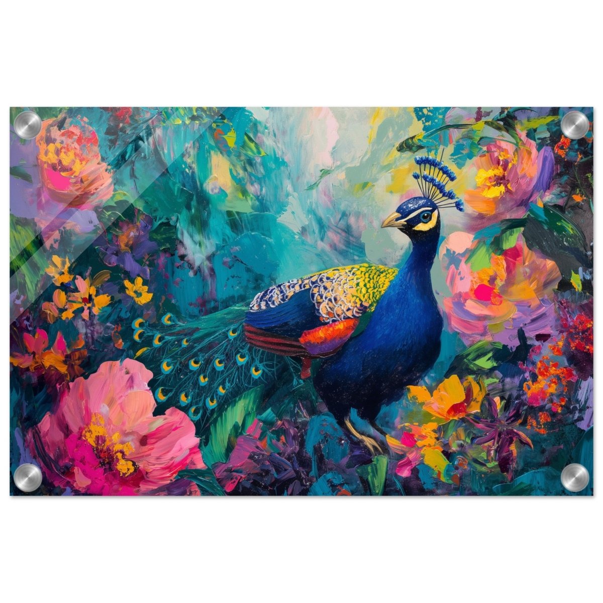 Majestic Peacock in Bloom: A Celebration of Nature's Grandeur | Contemporary Impressionist Wildlife Painting - Canvas - 50x75 cm / 20x30″ - 