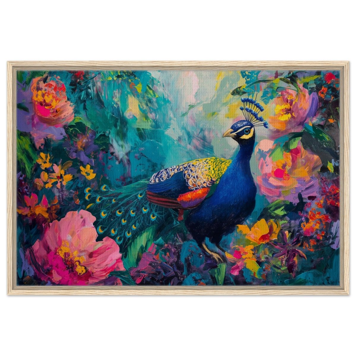 Majestic Peacock in Bloom: A Celebration of Nature's Grandeur | Contemporary Impressionist Wildlife Painting - Canvas - 50x75 cm / 20x30″ - 