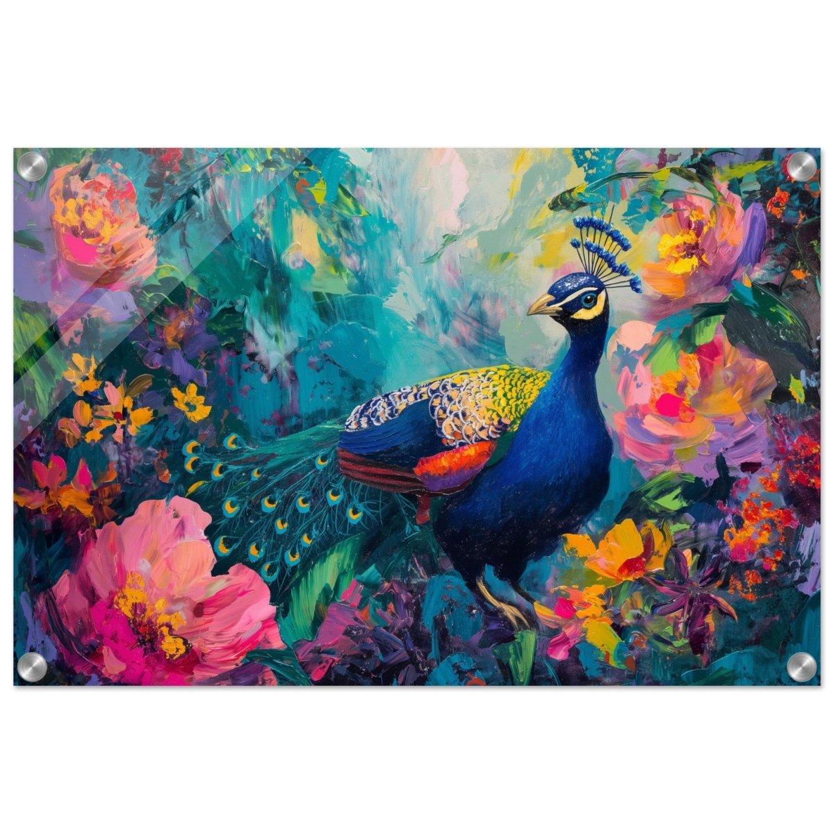 Majestic Peacock in Bloom: A Celebration of Nature's Grandeur | Contemporary Impressionist Wildlife Painting - Canvas - 50x75 cm / 20x30″ - 