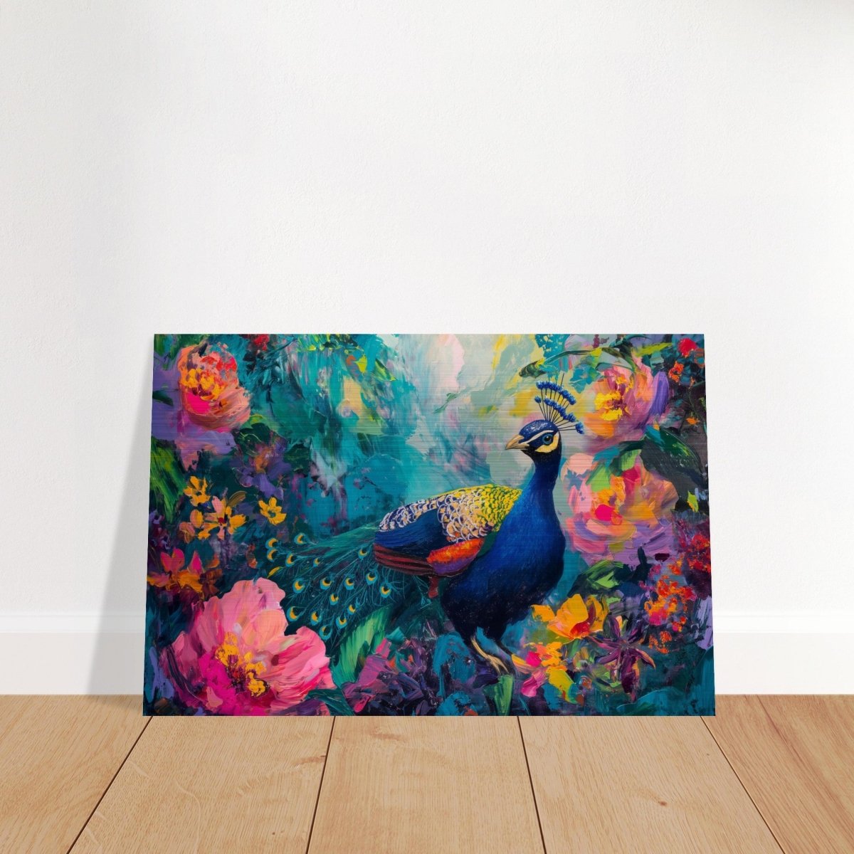 Majestic Peacock in Bloom: A Celebration of Nature's Grandeur | Contemporary Impressionist Wildlife Painting - Brushed Aluminum Print - 50x75 cm / 20x30″ - 