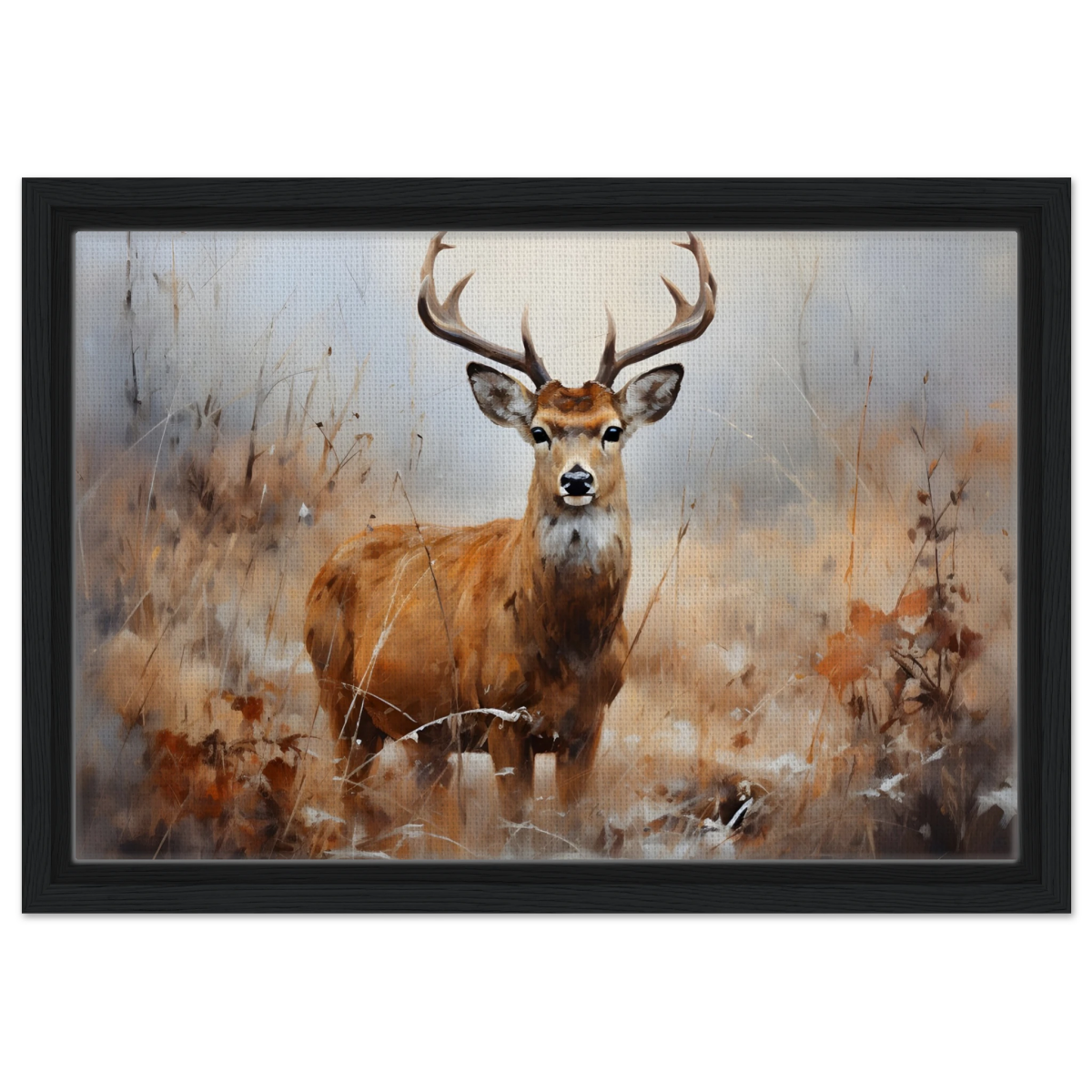 Majestic Stag – Wildlife Deer Portrait Wall Art Print - Framed Canvas - 30x45 cm / 12x18″ - Black frame