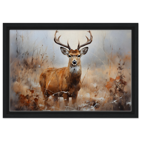 Majestic Stag – Wildlife Deer Portrait Wall Art Print - Framed Canvas - 30x45 cm / 12x18″ - Black frame