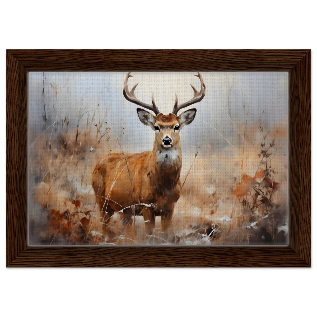 Majestic Stag – Wildlife Deer Portrait Wall Art Print - Framed Canvas - 20x30 cm / 8x12″ - Dark wood frame