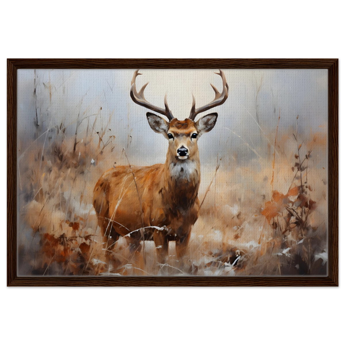 Majestic Stag – Wildlife Deer Portrait Wall Art Print - Framed Canvas - 50x75 cm / 20x30″ - Dark wood frame