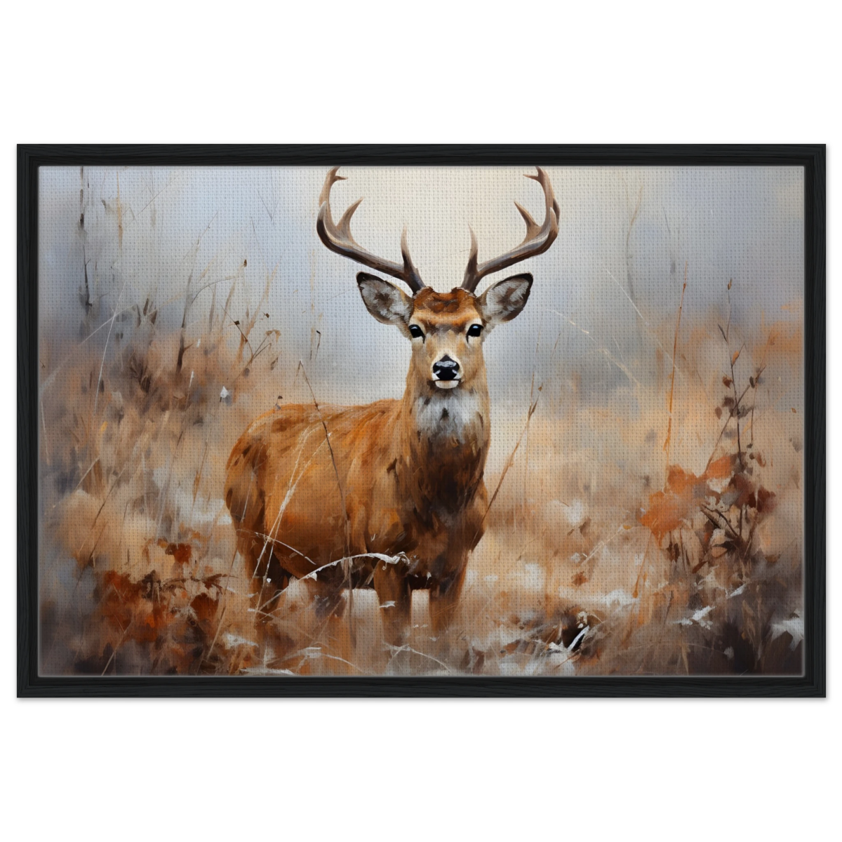 Majestic Stag – Wildlife Deer Portrait Wall Art Print - Framed Canvas - 60x90 cm / 24x36″ - Black frame