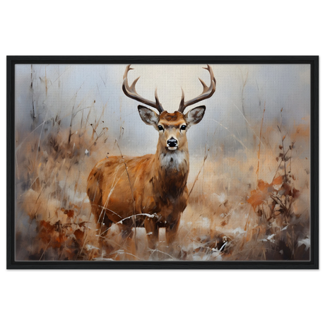 Majestic Stag – Wildlife Deer Portrait Wall Art Print - Framed Canvas - 60x90 cm / 24x36″ - Black frame